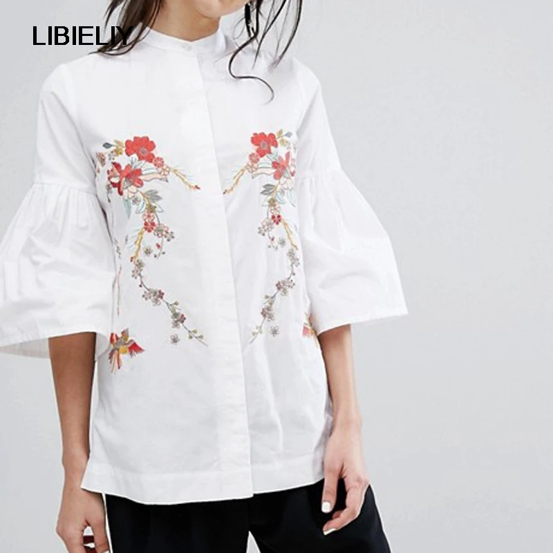 Floral Embroidery Bell Sleeve Blouse Women Nice Summer Fashion O-neck White Blouses And Shirts Women Elegant Tops Female Ladies