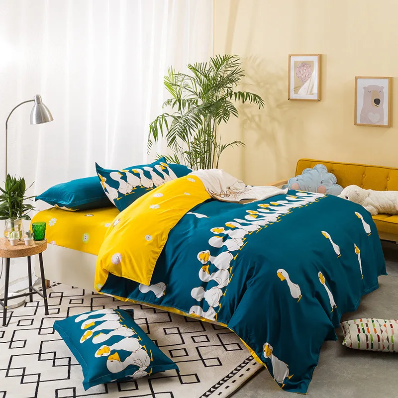 Modern Style Cartoon Image Blue Plus Yellow Print Pattern Bedding