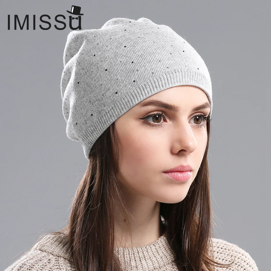 IMISSU Women's Winter Hat Knitted Wool Beanie Female Fashion Skullies