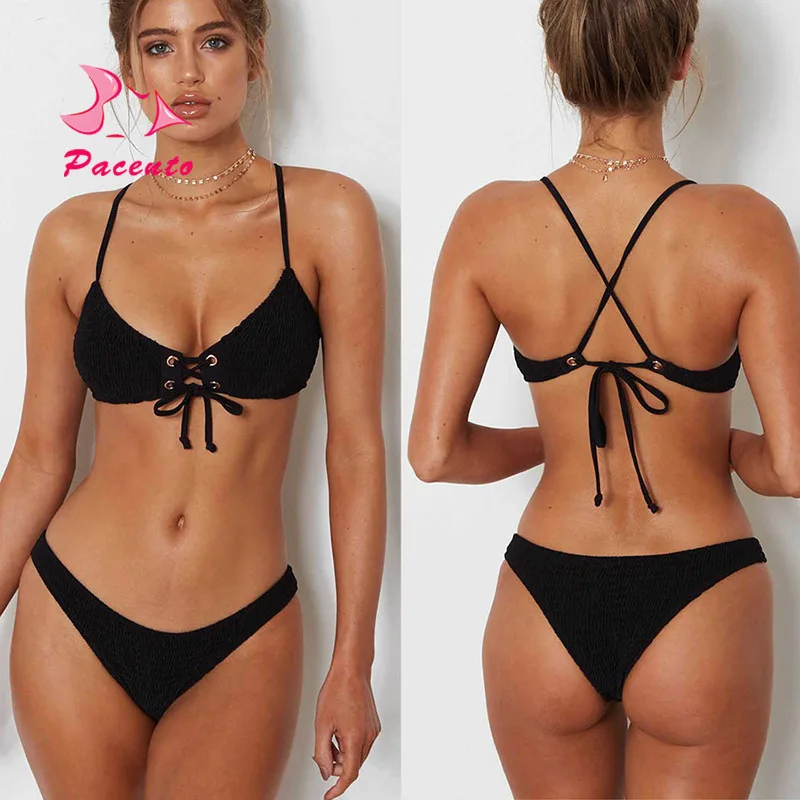 Pacento cross strappy crochet bikini brazilian solid white black plus size swimwear women XL bathing suit bandage biquine plavky