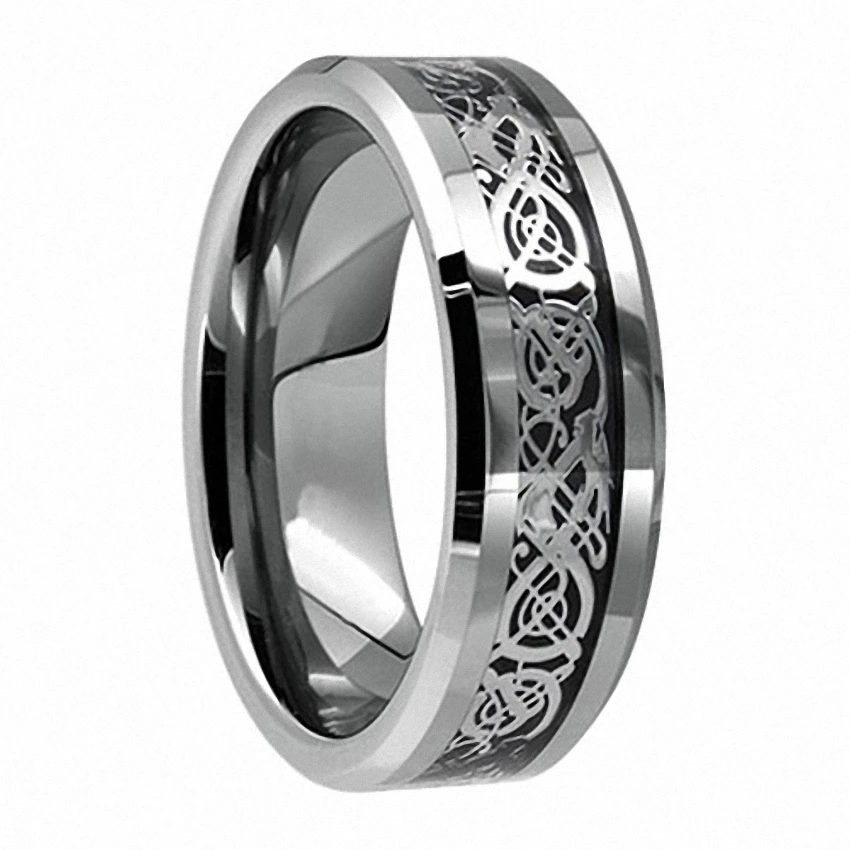 8mm Mens Silver Celtic Dragon Inlay Tungsten Carbide Ring 