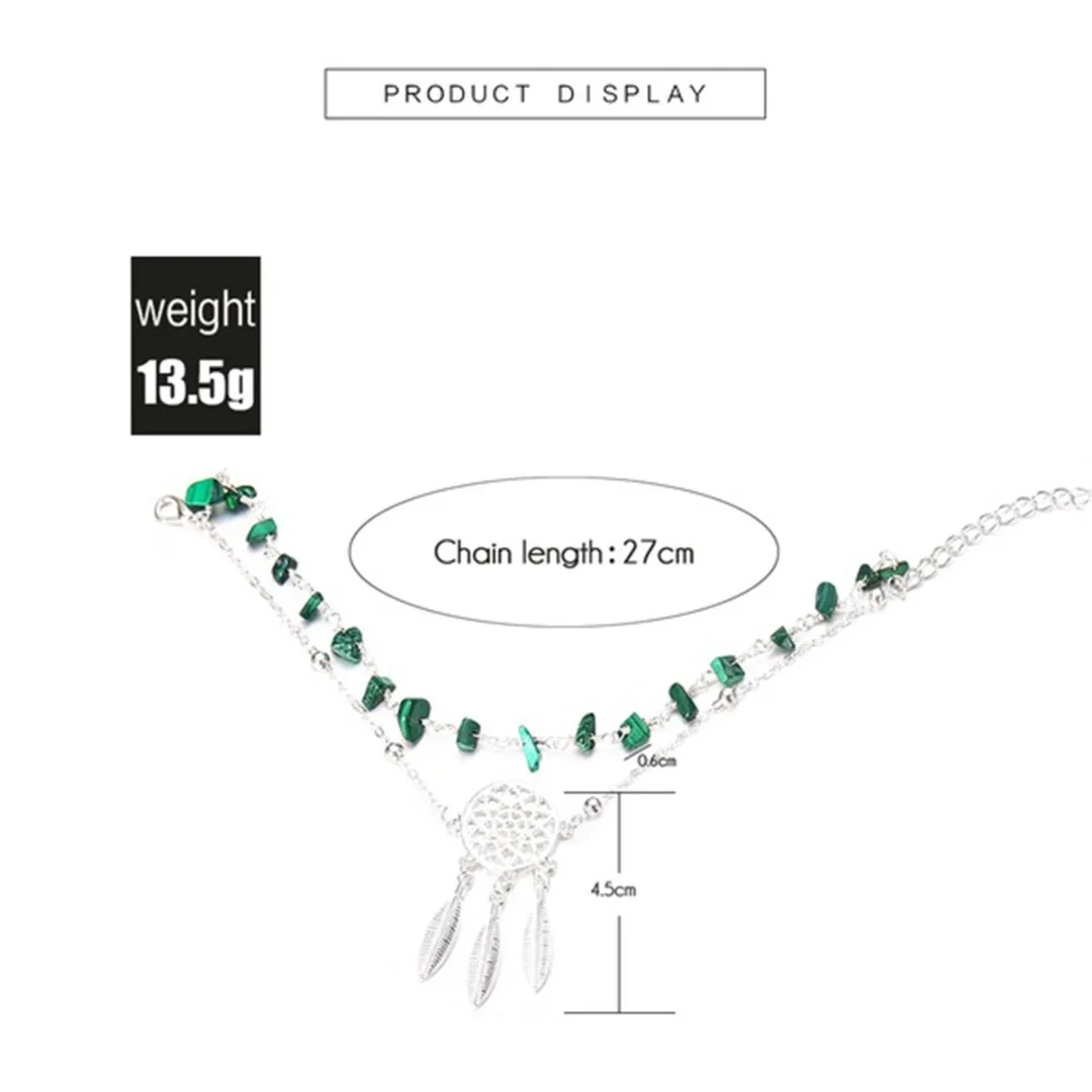 Boho Natural Green Stone Beaded Anklet Bracelet For Women Charming Jewelry Silver Dream Catcher Pendant Leg Chain Shellhard
