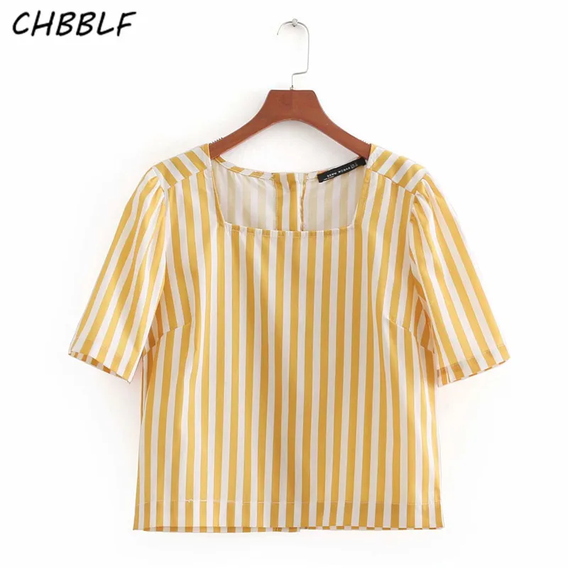 CHBBLF women elegant striped blouse back buttons short sleeve square ...