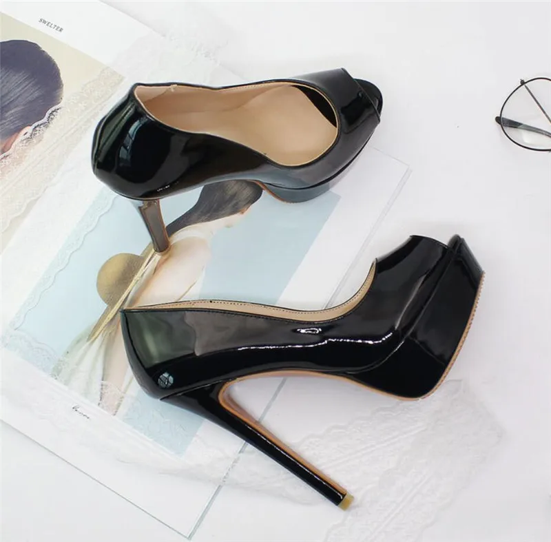 

Free shipping fashion women Pumps black patent leather peep toe platform high heels pumps super heeled Stiletto 14cm