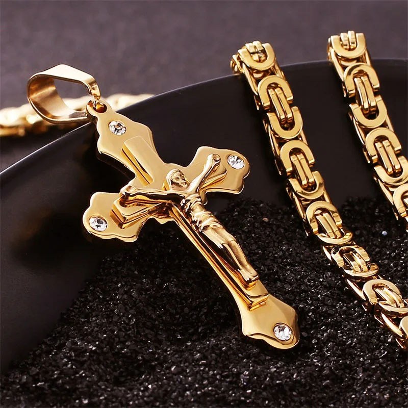 Новое поступление, модная подвеска-крестик со стразами, ожерелье византийский золотой цвет, нержавеющая сталь, мужские ювелирные изделия, Колье 2" 6 мм - Окраска металла: N00321