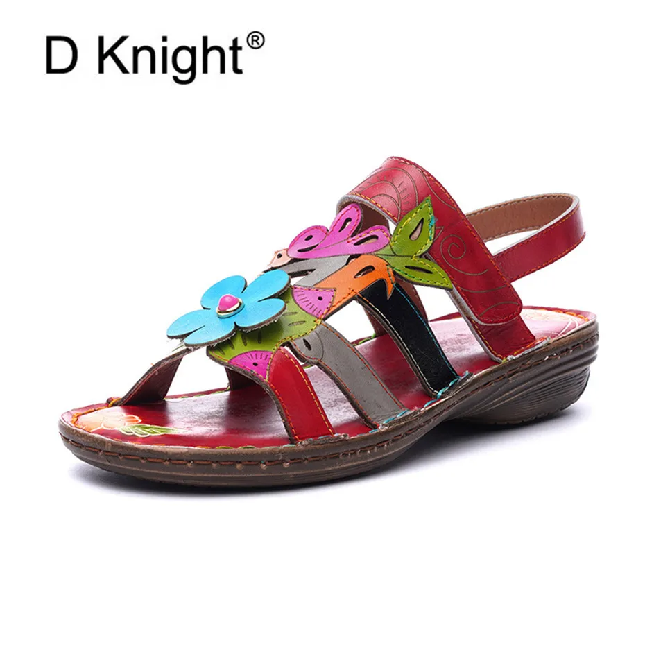 

Bohemian Women Med Heels Sandals Summer Vintage Style Peep Toe Sandals Shoes Woman Printed Genuine Leather Wedges Sandals New