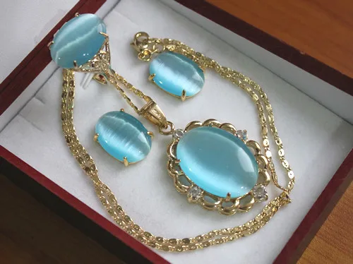 

hot sell new - Wholesale noble 13*18mm gold plated sky blue opal ring(#6,7,8,9) earrings &pendant fashion jewelry set004