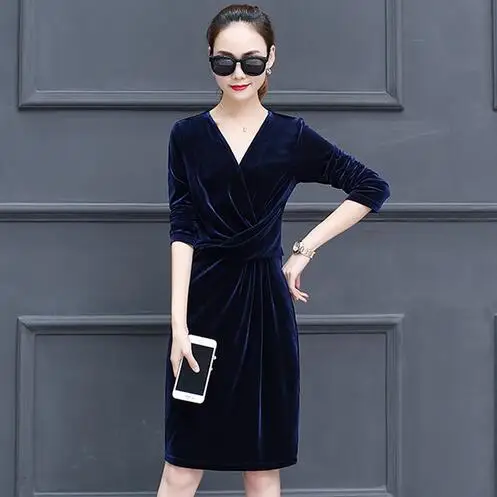 

Knee-Length Autumn A-line Ladies Full Sleeve 2019 Robe V-neck Dresses Velvet Women Clothing Elegant Dress Chinese DC561
