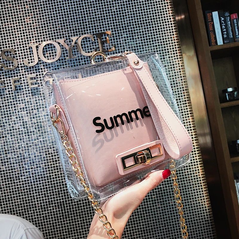

Summer Beach Travel bag 2018 New Women's Designer Handbag Transparent Jelly Women bag Chain Tote Shoulder Crossbody Bag Holiday