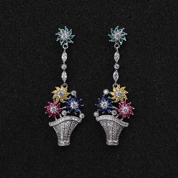

XIUMEIYIZU High Quality Famous Brand Jewelry Vintage Multicolor Zircon Flowers in Basket Long Dangle Earrings for Women
