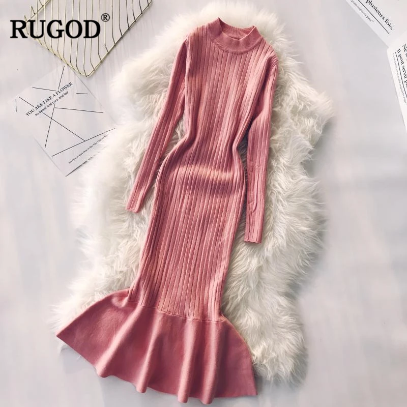 Женское винтажное платье с круглым вырезом RUGOD однотонное средней длины длинным