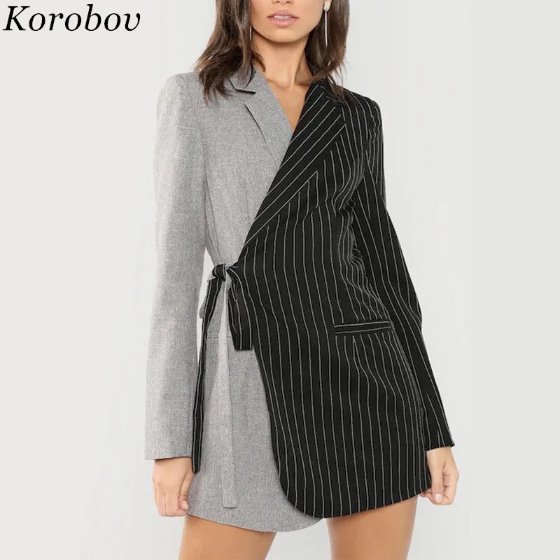 

Korobov 2019 New Arrival Black Grey Panelled Striped Blazer Lacing Long Sleeve Patchwork Casual Female Blazers 76945