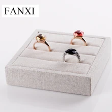 

FANXI free shipping beige rectangle design style linen ring earrings display trays showcase jewelry organizer