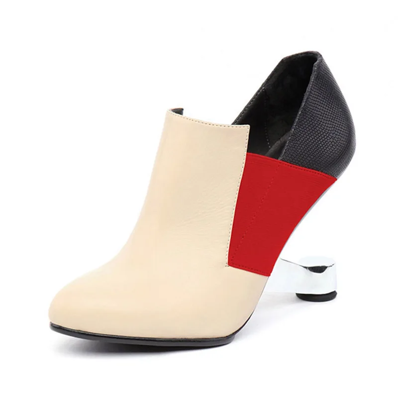 WETKISS/кожа коровы лодыжки Для женщин сапоги круглый носок молния обувь женские ботинки Необычные Обувь для торжеств на высоком каблуке Женская Осенняя обувь - Цвет: Бежевый