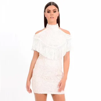 

wholesale New Dress Black and white tassels Stretch tight Fashion mini Casual woman Cocktail party bandage dress (L2167)