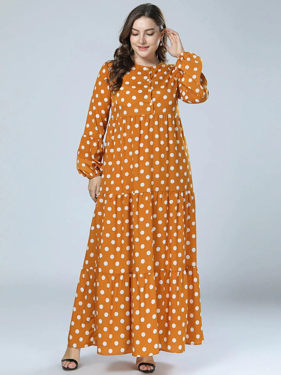 Женская мусульманская одежда abaya в горошек, желтый кафтан, Турецкая одежда из Дубая для женщин, мусульманское длинное платье для девочки, плюс размер, халат 4XL