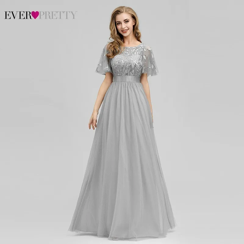 

New Grey Bridesmaid Dresses Ever Pretty A-Line O-Neck Sparkle Illusion Long Dresses For Dress For Wedding Party Vestido Madrinha