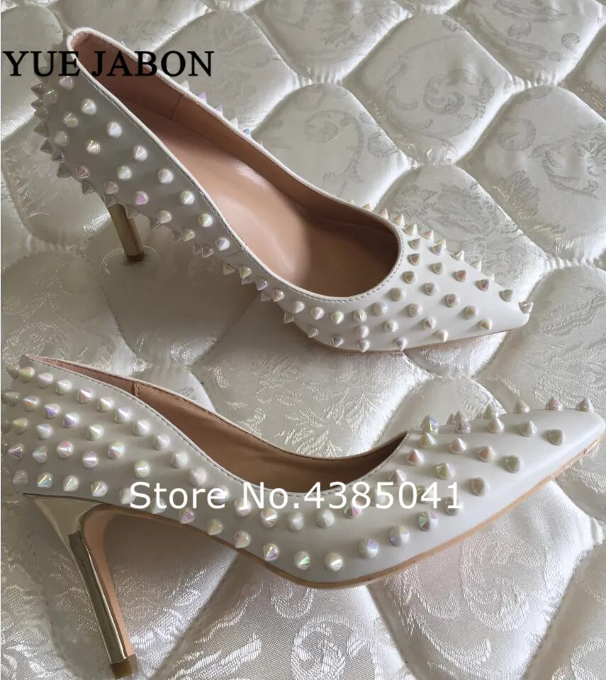 

New Gold Heels Pointed Toe Thin High Heels Sexy White Rivets Spike Women Party Shoes Classical Studs Lady Party Wedding Shoes