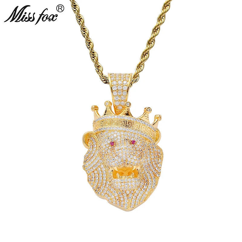 Missfox Crown Lion Head Pendant Necklace Hip Hop Jewelry Delicate Creative Necklaces For Men Gift High Quality Pendant Chain