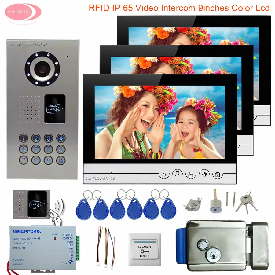 

9''Video Door Phone Intercom System IP65 Waterproof Rfid Intercoms Video Intercom 3 Monitors Video Intercom With Electronic Lock