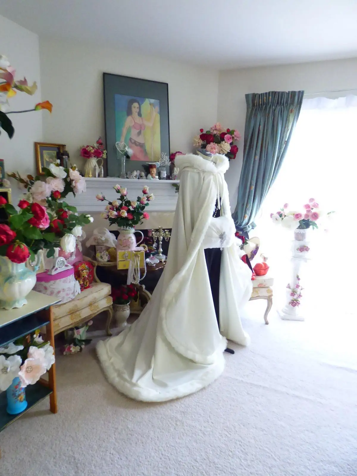 

Victorian Winter Bridal Cape Ivory Satin with Fur Trim Wedding Cloak Hood Cape Fur Shawl