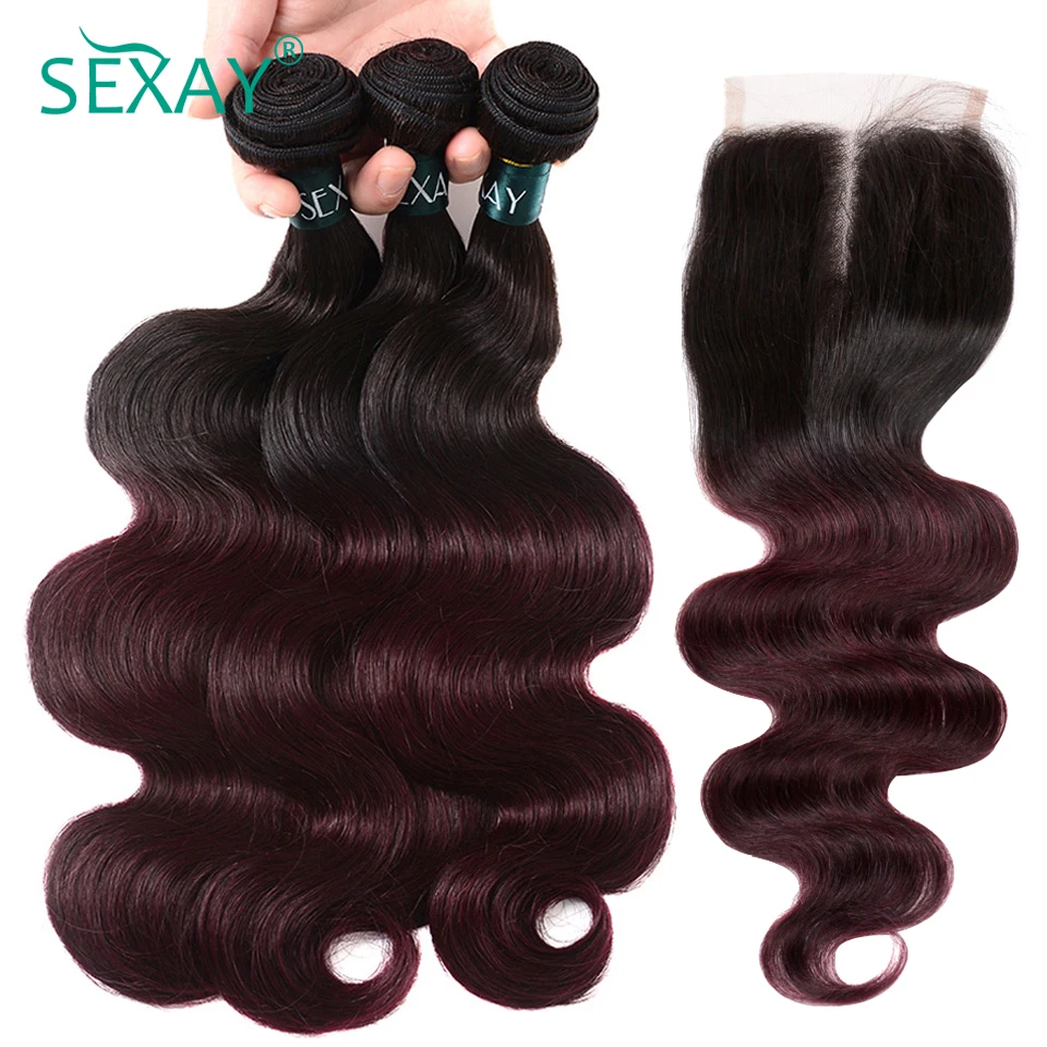 SEXAY Ombre Burgundy Hair 3 Bundle With Lace Closure 1B/99J Burgundy Dark Wine Red Two Tone Ombre Brazilian Human Hair Body Wave