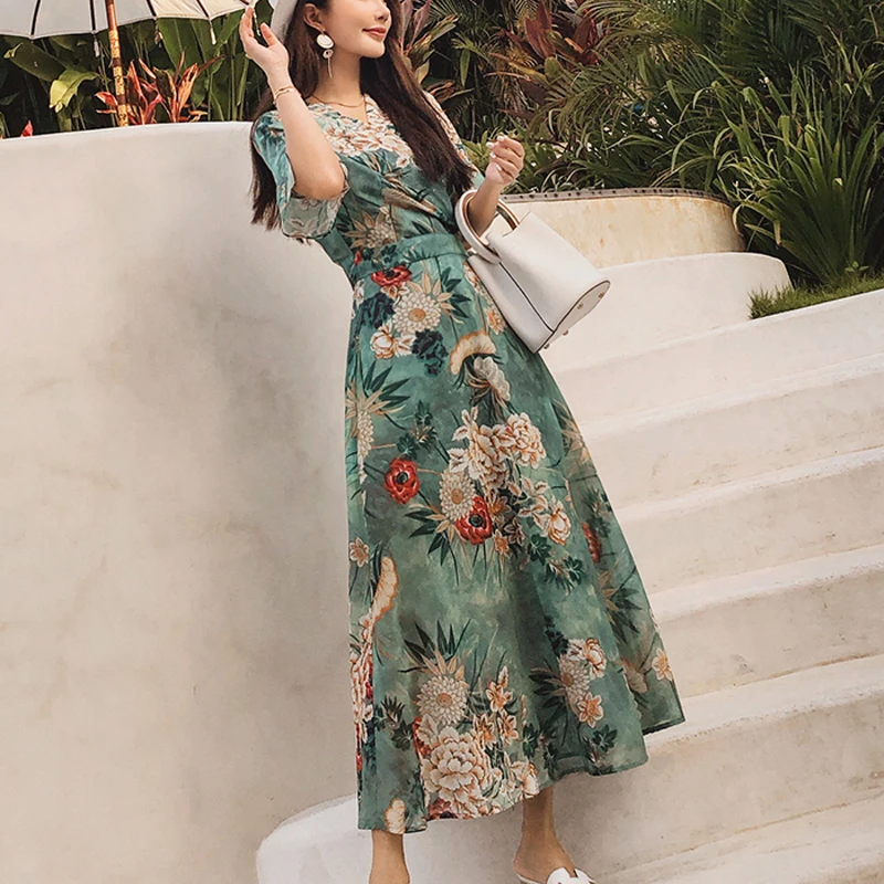 

SHTONGHUA 2019 New Fashion Women Floral Printing Long Summer Dress Runway Green V neck Slim Vintage Party Maxi Dress