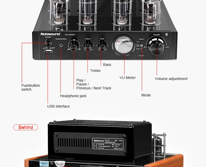 Excellent Nobsound MS-10DMKII MP3 HiFi 2.0 Home Audio Bluetooth Vacuum Tube Integrated Amplifier Input USB/AUX Power Amplifier 6P1*2+6N1*2 9