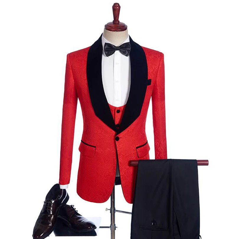 

2019 3 Piece Black Velvet Shawl Lapel Groom Tuxedos Blue/White/Black/Red Jacquard Men Suits Wedding Best Man Blazer Bruidssluier