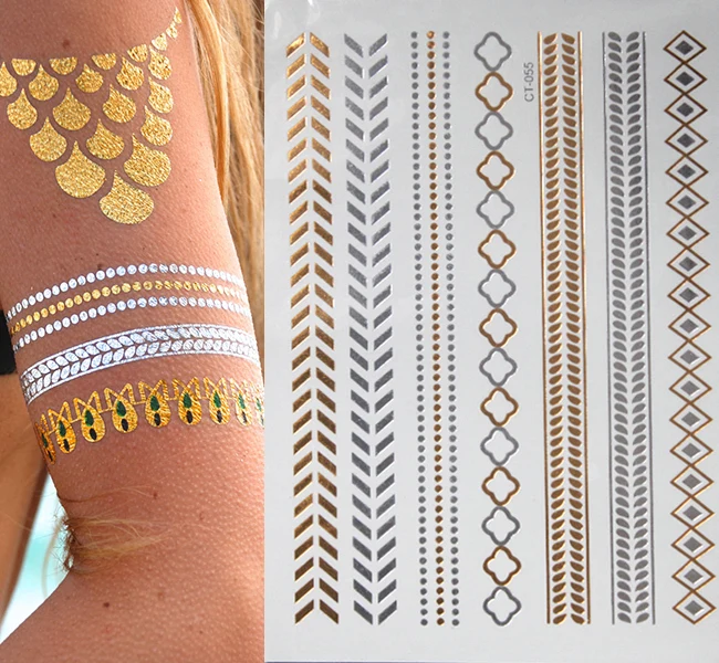 Flash водостойкое тату металик цвета: золотистый, серебристый для женщин Мода хна перо павлина дизайн временные татуировки Стикеры
