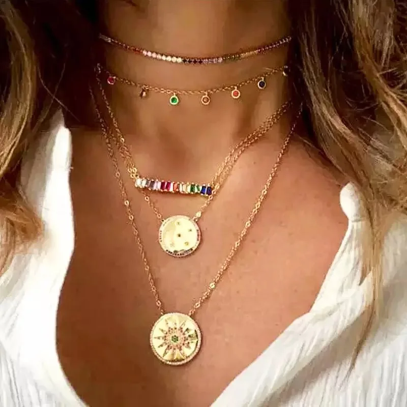 

2019 high quality Rainbow Necklace Pendants cz stong geometric long Gold women fashion custom statement Jewelry choker gifts
