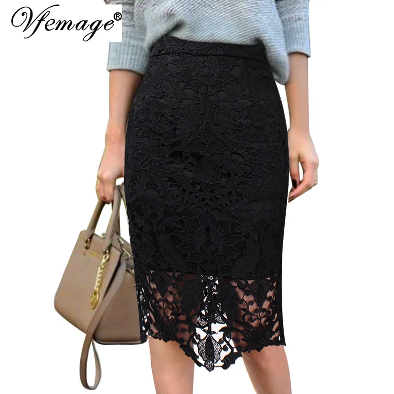 

Vfemage Women Elegant Crochet Lace Illusion Hem Elastic High Waist Slim Casual Party Street Daily Wear Bodycon Pencil Skirt 545