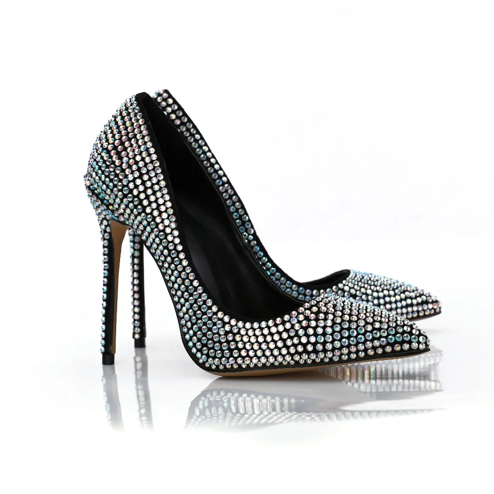 

Qianruiti Studded Crystal Stiletto Heels Women Pumps Sexy Pointed Toe Women Party Shoes Slip-On High Heels Bridal Wedding Shoes
