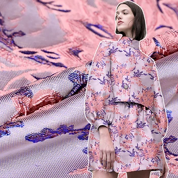 

135cm width Imported European and American high-end pink flower jacquard Brocade Fabric,3D yarn dyed fabric for women coat,dress