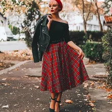 30-Женская винтажная 50s рокабилли пинап миди Свинг Юбка в красную шотландскую клетку размера плюс юбки faldas jupe pinup рокабилли юбки