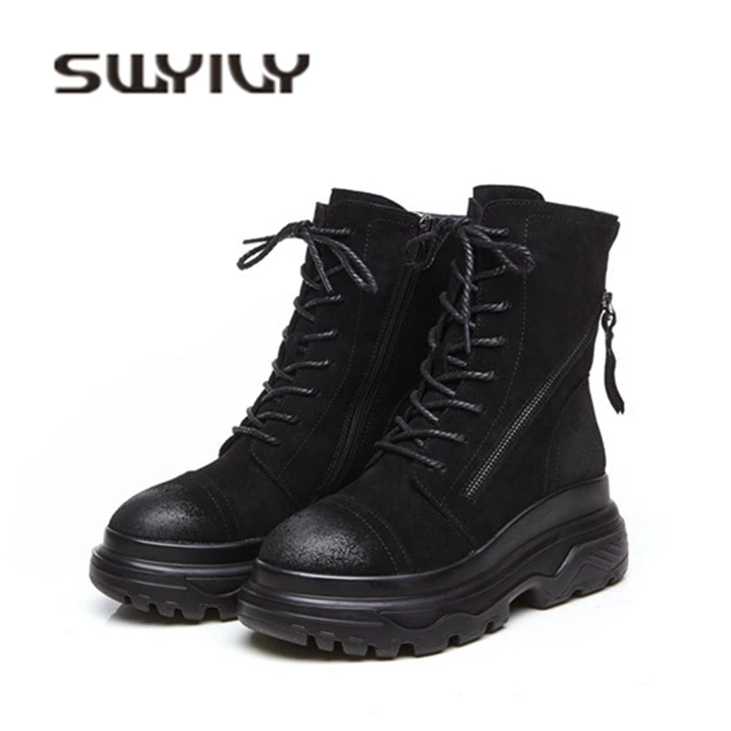 SWYIVY Velvet Fur Warm Snow Boots Shoes Woman Genuine Leather Female High Top Casual Shoes Nubuck Lady Platform Snow Boots Black