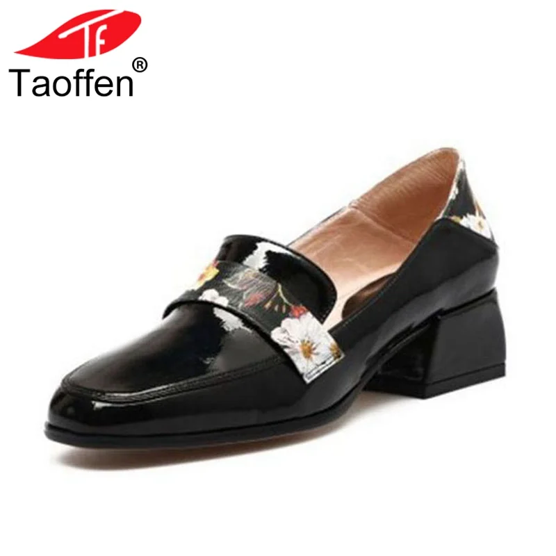 

TAOFFEN Elegant Office Lady High Heel Shoes Woman Real Genuine Leather Flower Print Square Toe Thick Heeled Pumps Size 31-39