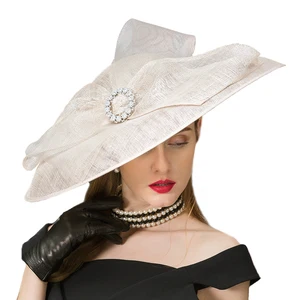 Women's Vintage White Linen Church Hat Kentucky Derby Hats Wedding Party Hats And Fascinators Elegant Rhinestone Flower
