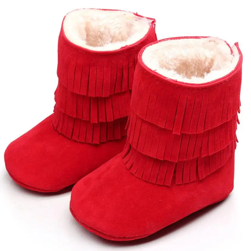 Детская обувь; однотонные двухслойные зимние Бархатные теплые ботинки с кисточками; обувь для маленьких девочек; Tenis Infantil - Цвет: Red