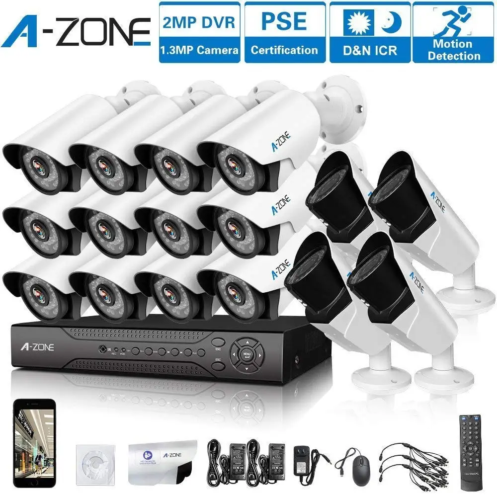 

A-ZONE 16CH 1080P DVR AHD Security Camera 12Pcs 960P Fixed Camera Surveillance System & 4Pcs HD 1.3MP Varifocal Camera With 2TB
