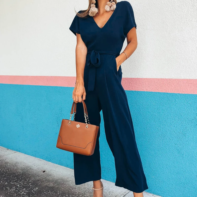 Fashion Sashes Solid Jumpsuit V Neck Sleeve Women Jumpsuits Belted Casual Torridity Overalls Drawstring Loose Female Rompers Fashion Sashes Solid Jumpsuit V Neck Sleeve Women Jumpsuits Belted Casual Torridity Overalls Drawstring Loose Female Rompers