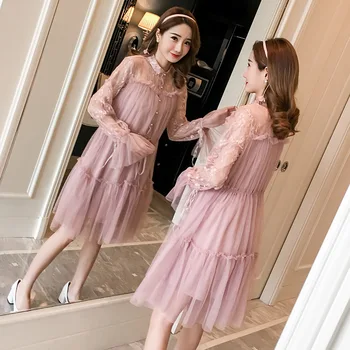 

Fashion Lace Maternity Dresses Boat Neck Two Layers 2Colors Spring Autumn Maternity Clothing for Pregnancy Patchwork Clothes