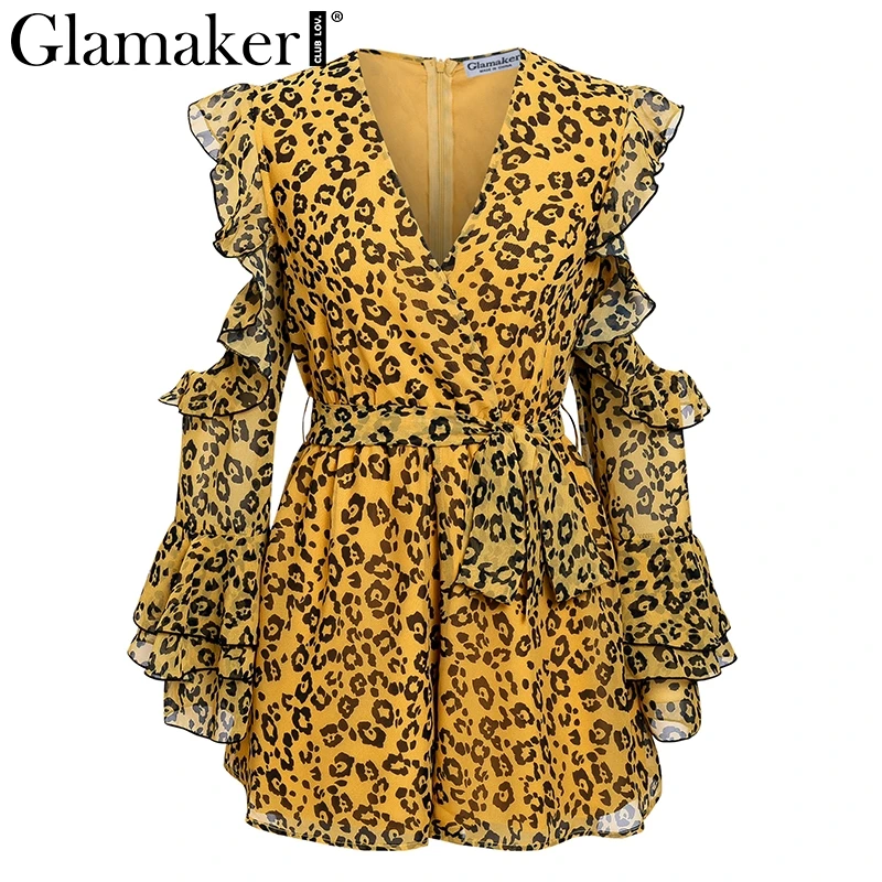 Glamaker Leopard print chiffon women playsuit Off shoulder deep V neck lace up romper Flare Sleeve party summer holiday jumpsuit