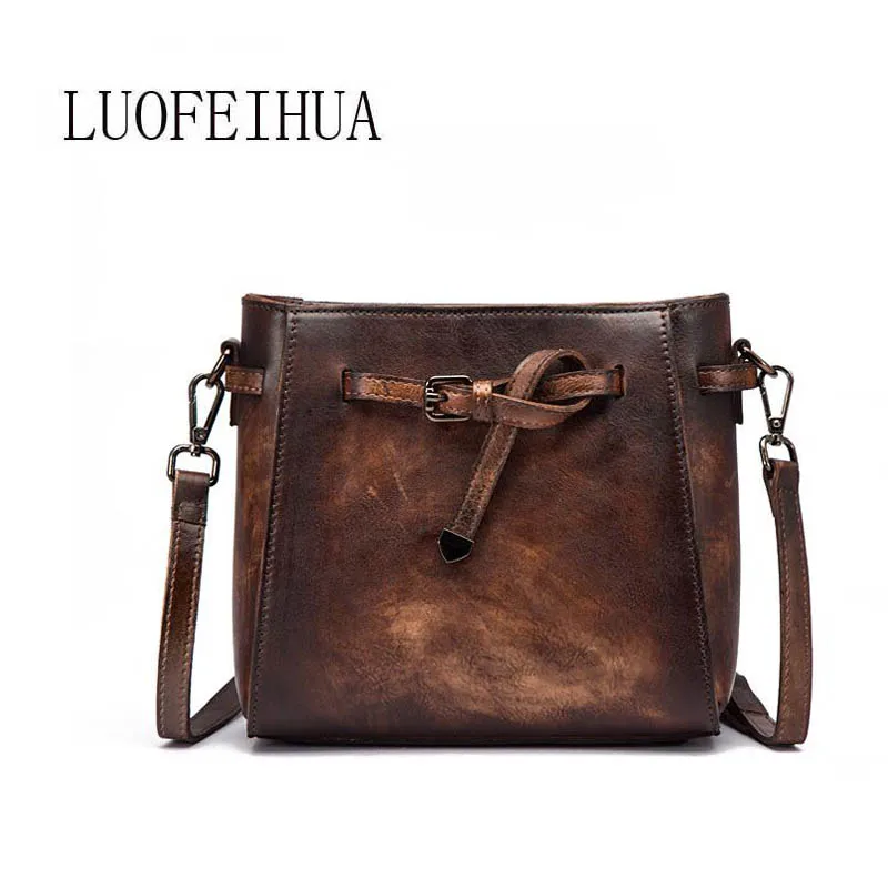 

LUOFEIHUA 2019 new trend fashion leather handbag Vintage leather embossed stitching shoulder messenger bag Bucket bag