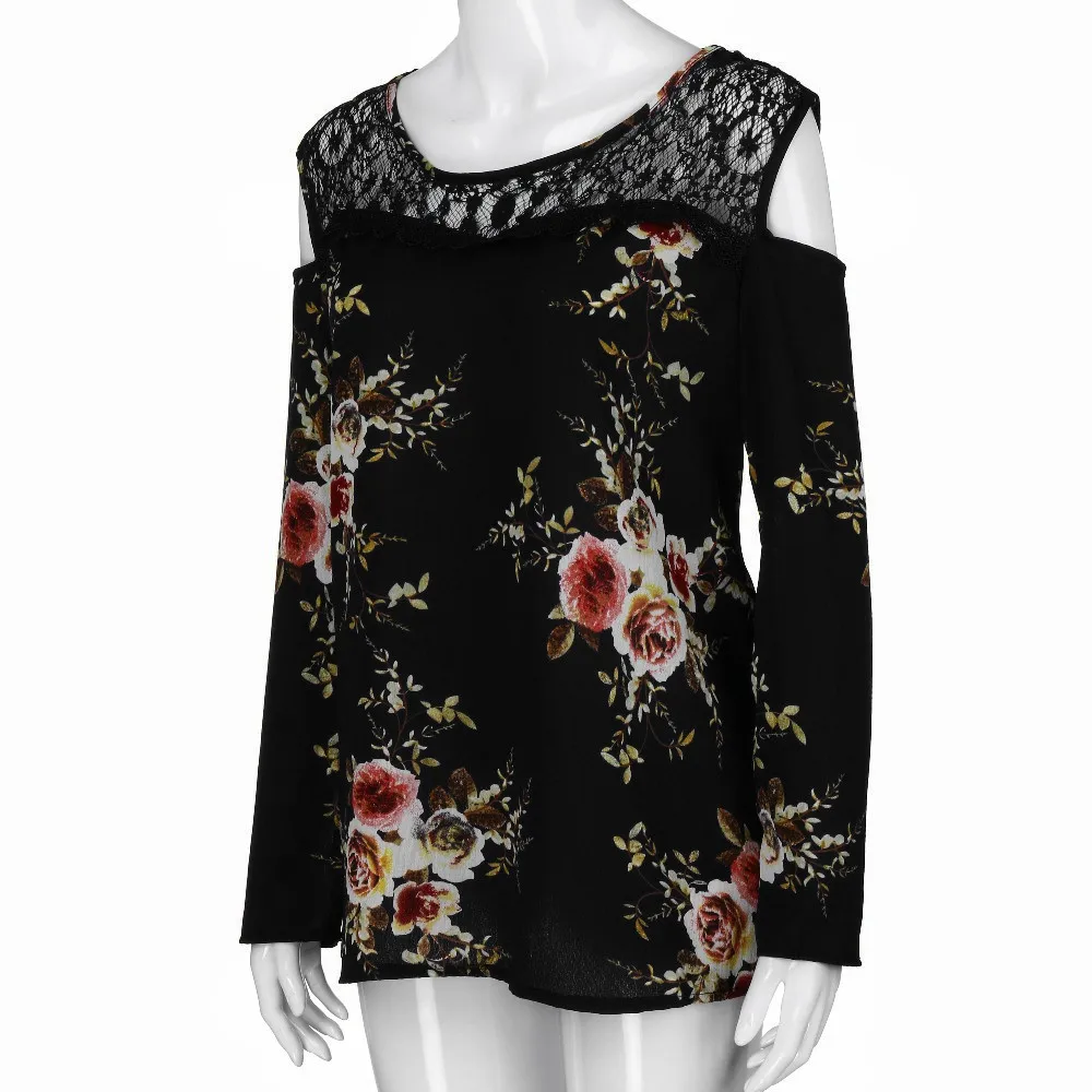 5XL Женские блузки с длинным рукавом размера плюс, топы, кружевная блузка с открытыми плечами, блузка с цветочным рисунком, летняя модная футболка с круглым вырезом