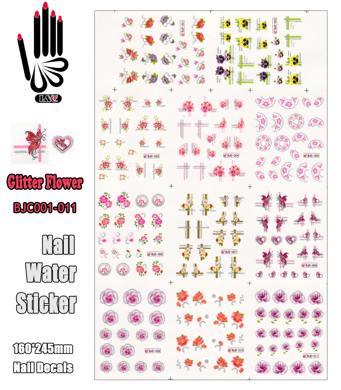 11 Sheets/Lot Nail BJC001 011 Glitter Beauty Flower Nail Art Sticker