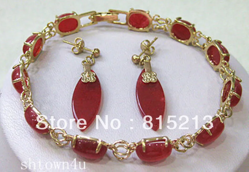 

ddh0090 Beautiful silver plate red jade bracelet earrings