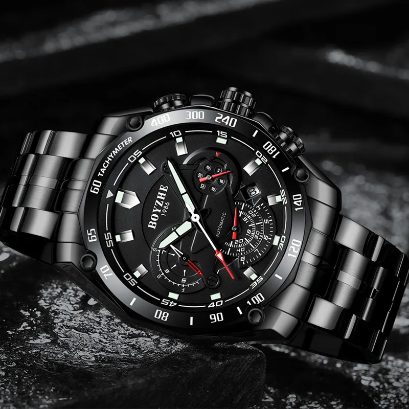 BOYZHE الرجال التلقائي الميكانيكية ووتش مضيئة الفاخرة العلامة التجارية ووتش الرجال العسكرية الرياضية ساعات الفولاذ Relogio Masculino