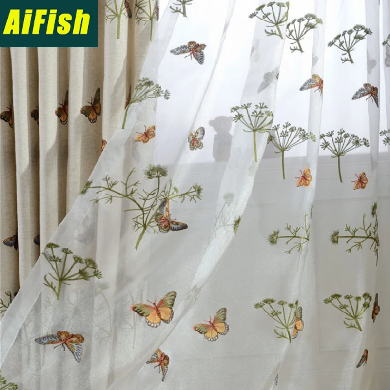 

Pastoral Butterfly Embroidery Curtain Screens Cotton Linen Blackout Curtain For Living Room Bedroom windows tulle yarn WP229 #30