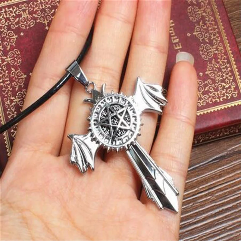 

[PCMOS] 2016New Kuroshitsuji Star Marks Silver Cross Wing Pendant Necklace Anime Cosplay Free Shipping 1150